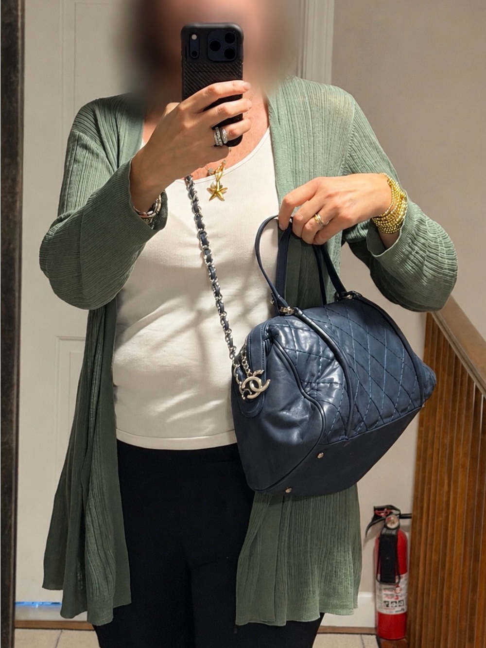 CHANEL Blue Diamond Quilted Leather Bowling Satchel with Chain Strap - Picture 14 of 16